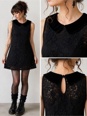 Only Hearts NYC Black Lace Whimsigoth Dress Velvet Collar Fairy Grunge M